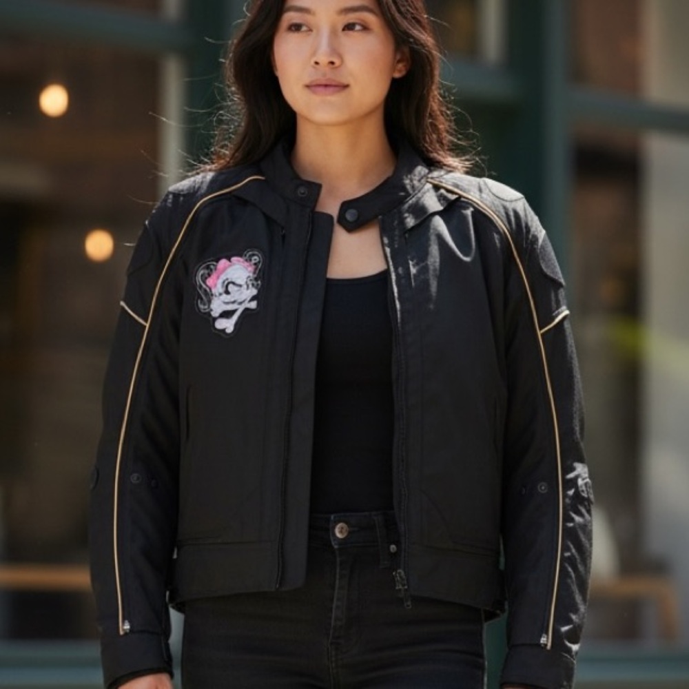 Revolution Black Motorcycle Jacket with Pink Skull Patch and Pink Piping